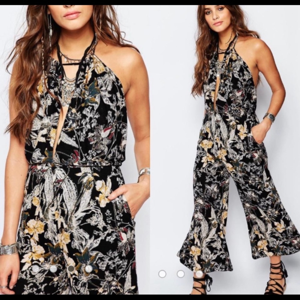 New Free People black floral halter jumpsuit